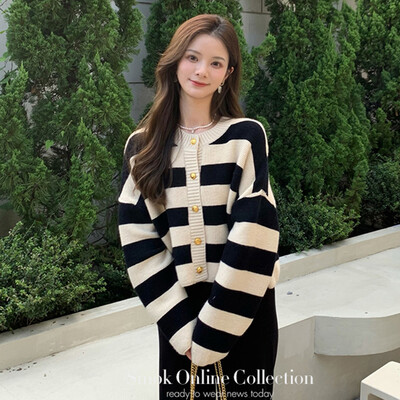 Csíkos Y2K női kardigán koreai édes kötött retro hosszú ujjú női pulóver, divatos laza alkalmi, elegáns női vágás felső