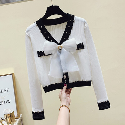 Topuri coreeane cu mânecă lungă pentru femei, subțire, cu decolteu în V, subțire, cu fundă, tricotat, cardigan, ocazional, pentru birou, pentru doamnă, pulover pentru tricotat la modă