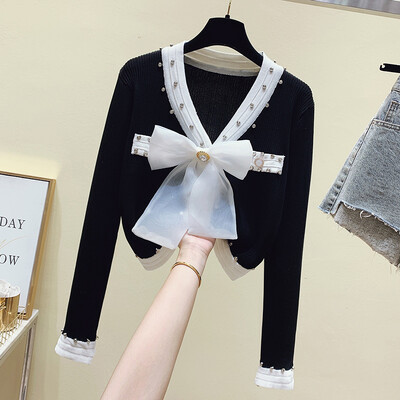 Topuri coreeane cu mânecă lungă pentru femei, subțire, cu decolteu în V, subțire, cu fundă, tricotat, cardigan, ocazional, pentru birou, pentru doamnă, pulover pentru tricotat la modă