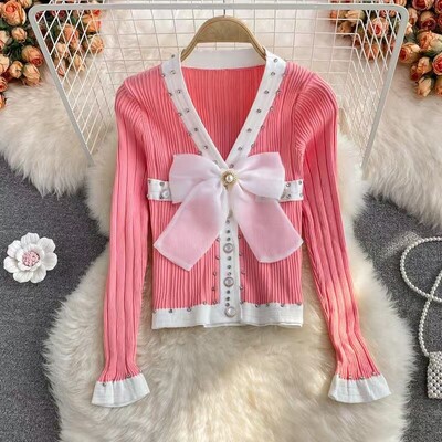 Topuri coreeane cu mânecă lungă pentru femei, subțire, cu decolteu în V, subțire, cu fundă, tricotat, cardigan, ocazional, pentru birou, pentru doamnă, pulover pentru tricotat la modă