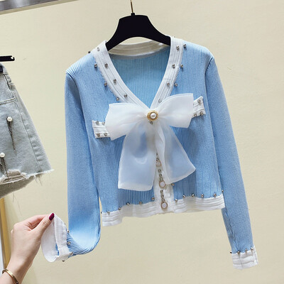 Topuri coreeane cu mânecă lungă pentru femei, subțire, cu decolteu în V, subțire, cu fundă, tricotat, cardigan, ocazional, pentru birou, pentru doamnă, pulover pentru tricotat la modă