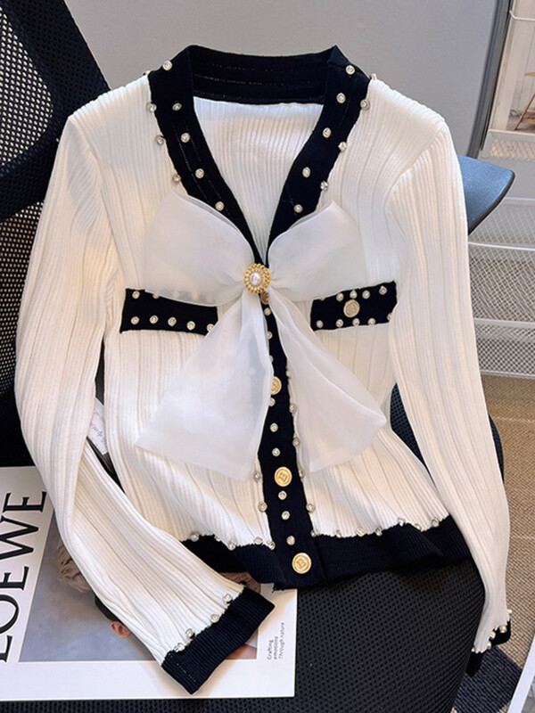 Topuri coreeane cu mânecă lungă pentru femei, subțire, cu decolteu în V, subțire, cu fundă, tricotat, cardigan, ocazional, pentru birou, pentru doamnă, pulover pentru tricotat la modă