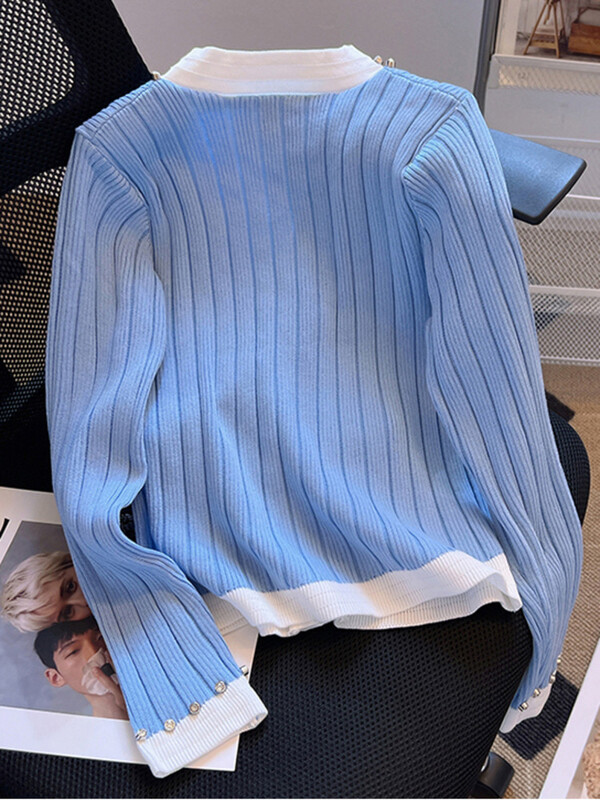 Topuri coreeane cu mânecă lungă pentru femei, subțire, cu decolteu în V, subțire, cu fundă, tricotat, cardigan, ocazional, pentru birou, pentru doamnă, pulover pentru tricotat la modă