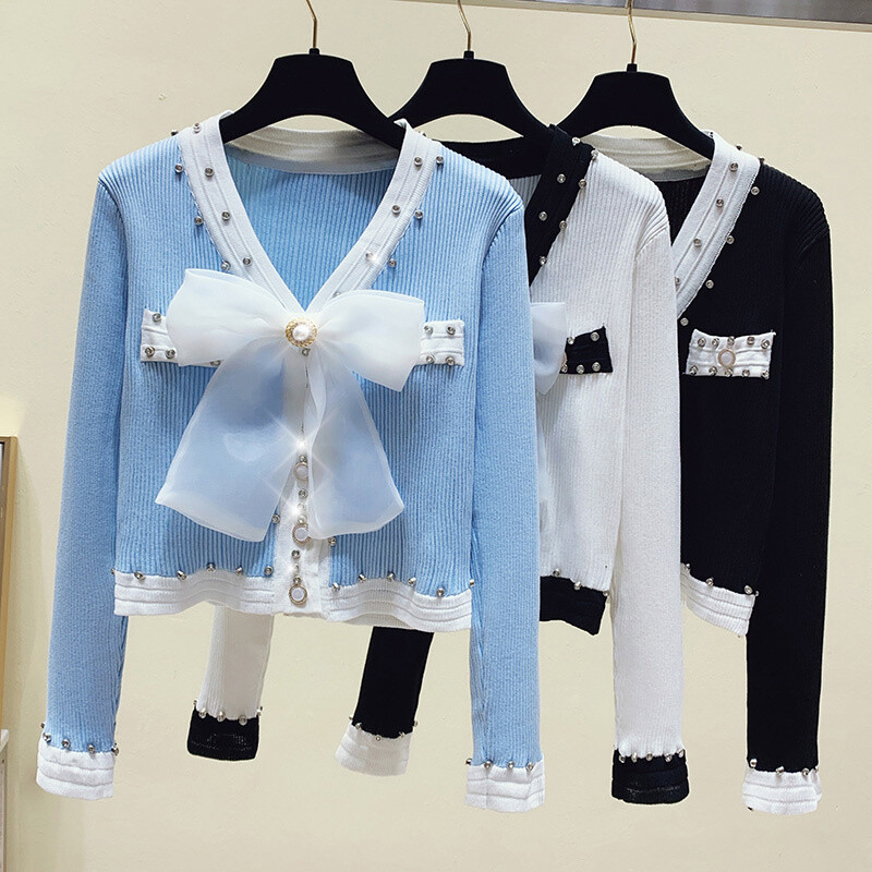 Topuri coreeane cu mânecă lungă pentru femei, subțire, cu decolteu în V, subțire, cu fundă, tricotat, cardigan, ocazional, pentru birou, pentru doamnă, pulover pentru tricotat la modă