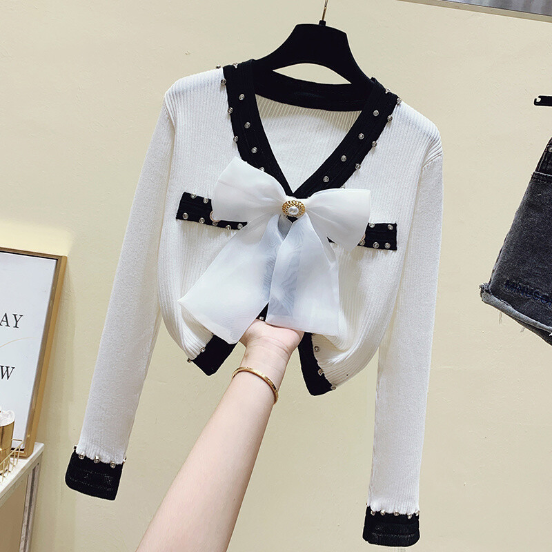 Topuri coreeane cu mânecă lungă pentru femei, subțire, cu decolteu în V, subțire, cu fundă, tricotat, cardigan, ocazional, pentru birou, pentru doamnă, pulover pentru tricotat la modă