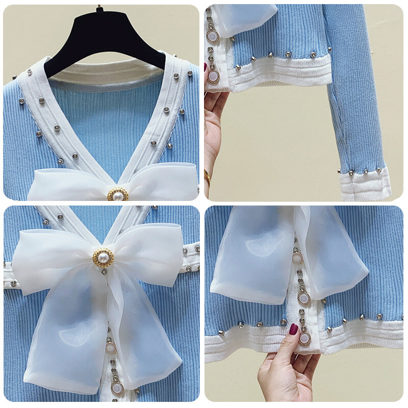 Topuri coreeane cu mânecă lungă pentru femei, subțire, cu decolteu în V, subțire, cu fundă, tricotat, cardigan, ocazional, pentru birou, pentru doamnă, pulover pentru tricotat la modă