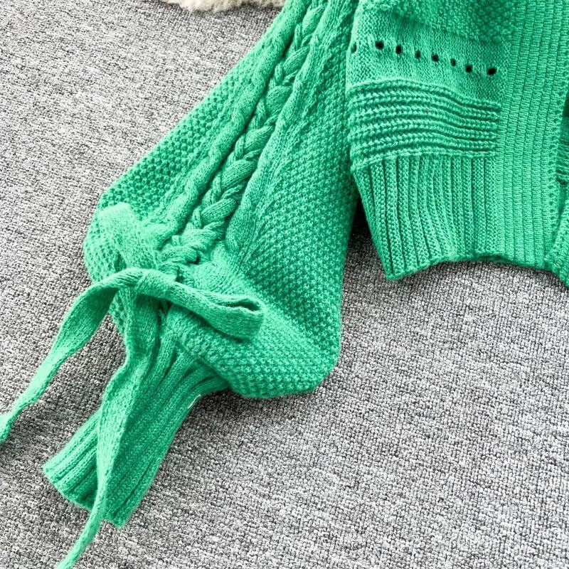 Toamnă Solid Chic Tricotat Cardigane Crop Iarnă Dulce Coreeană Elegant Cardigan Toate Se potrivesc Moda Manecă Lantern Pulovere Casual