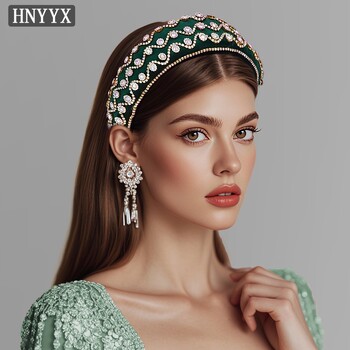 HNYYX Fashion Crystal Αξεσουάρ Μαλλιά Μοναδικά στρας με φαρδιά λουλούδια κεφαλόδεσμος Πράσινο ρετρό γυναικείο κομμωτήριο για πάρτι Α251