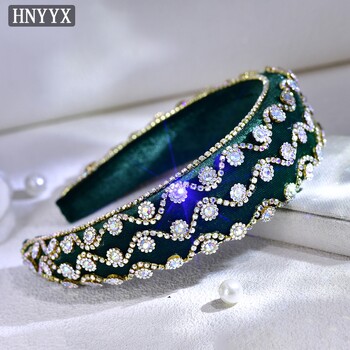 HNYYX Fashion Crystal Αξεσουάρ Μαλλιά Μοναδικά στρας με φαρδιά λουλούδια κεφαλόδεσμος Πράσινο ρετρό γυναικείο κομμωτήριο για πάρτι Α251