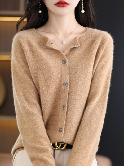 Cardigan de cașmir pentru femei, cu decolteu în formă de O, 100% lână merinos, tricotaje cu mânecă lungă, cu nasturi, pentru primăvară, toamnă, îmbrăcăminte de bază solidă.