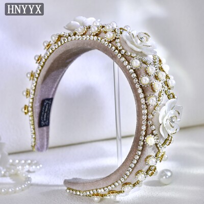 HNYYX Prabangūs Baroko Plaukų Priedai Blizganti Kalnų krištolinė galvos juosta Moteriška Gėlė Plati Galvos apdangalas Kempinėlė Neslystanti perlinė plaukų juosta A250