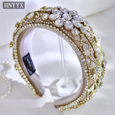 HNYYX Prabangūs Baroko Plaukų Priedai Blizganti Kalnų krištolinė galvos juosta Moteriška Gėlė Plati Galvos apdangalas Kempinėlė Neslystanti perlinė plaukų juosta A250