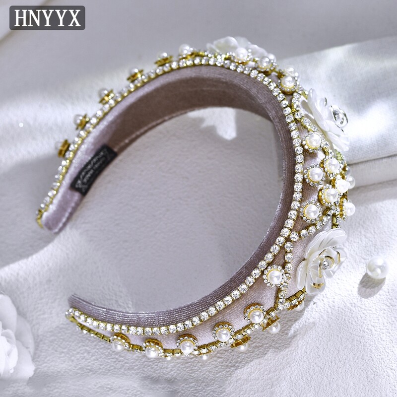 HNYYX Prabangūs Baroko Plaukų Priedai Blizganti Kalnų krištolinė galvos juosta Moteriška Gėlė Plati Galvos apdangalas Kempinėlė Neslystanti perlinė plaukų juosta A250