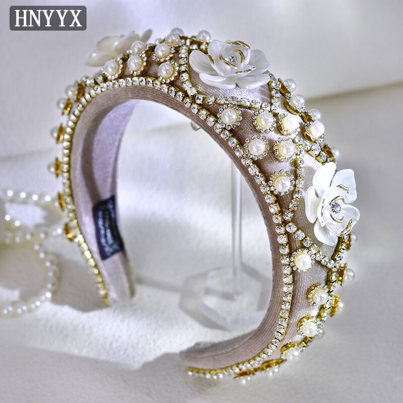 HNYYX Prabangūs Baroko Plaukų Priedai Blizganti Kalnų krištolinė galvos juosta Moteriška Gėlė Plati Galvos apdangalas Kempinėlė Neslystanti perlinė plaukų juosta A250