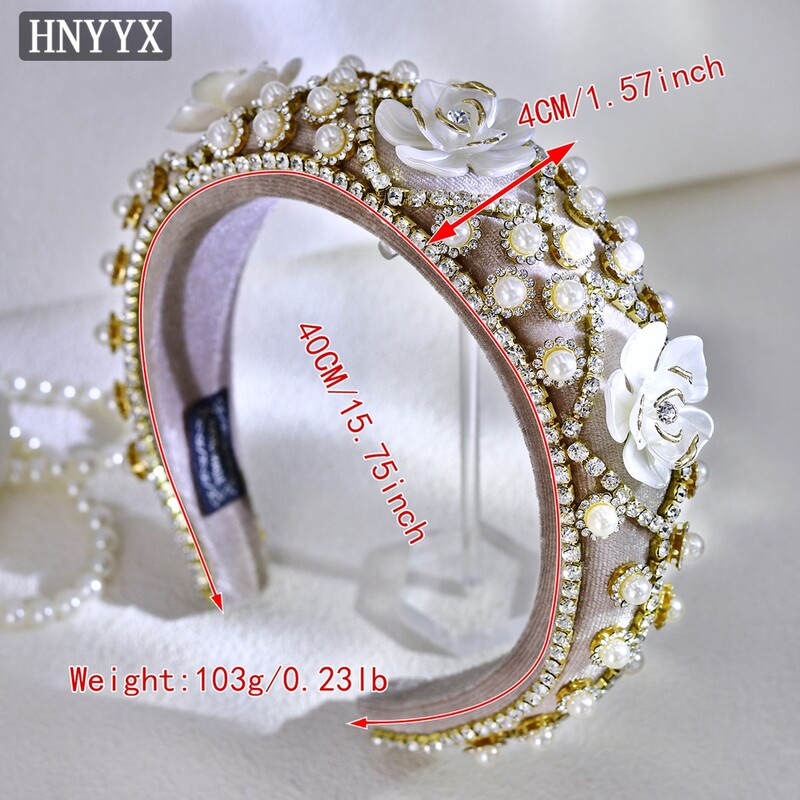 HNYYX Prabangūs Baroko Plaukų Priedai Blizganti Kalnų krištolinė galvos juosta Moteriška Gėlė Plati Galvos apdangalas Kempinėlė Neslystanti perlinė plaukų juosta A250