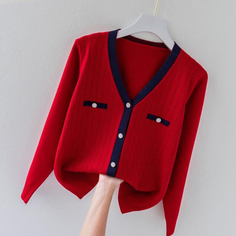 Moteriški drabužiai, madingi, laisvalaikio megztiniai su V formos iškirpte, pavasario žiemos prašmatnūs kontrastingi megztiniai biure moteriška ilgomis rankovėmis, minkšta, patogi viršutinė dalis