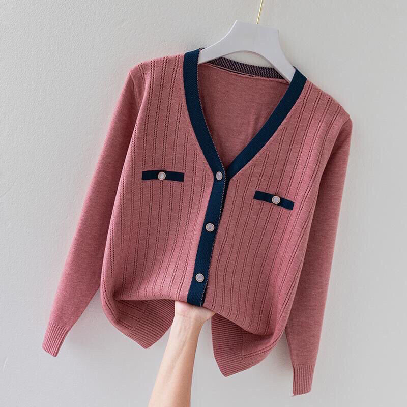 Moteriški drabužiai, madingi, laisvalaikio megztiniai su V formos iškirpte, pavasario žiemos prašmatnūs kontrastingi megztiniai biure moteriška ilgomis rankovėmis, minkšta, patogi viršutinė dalis
