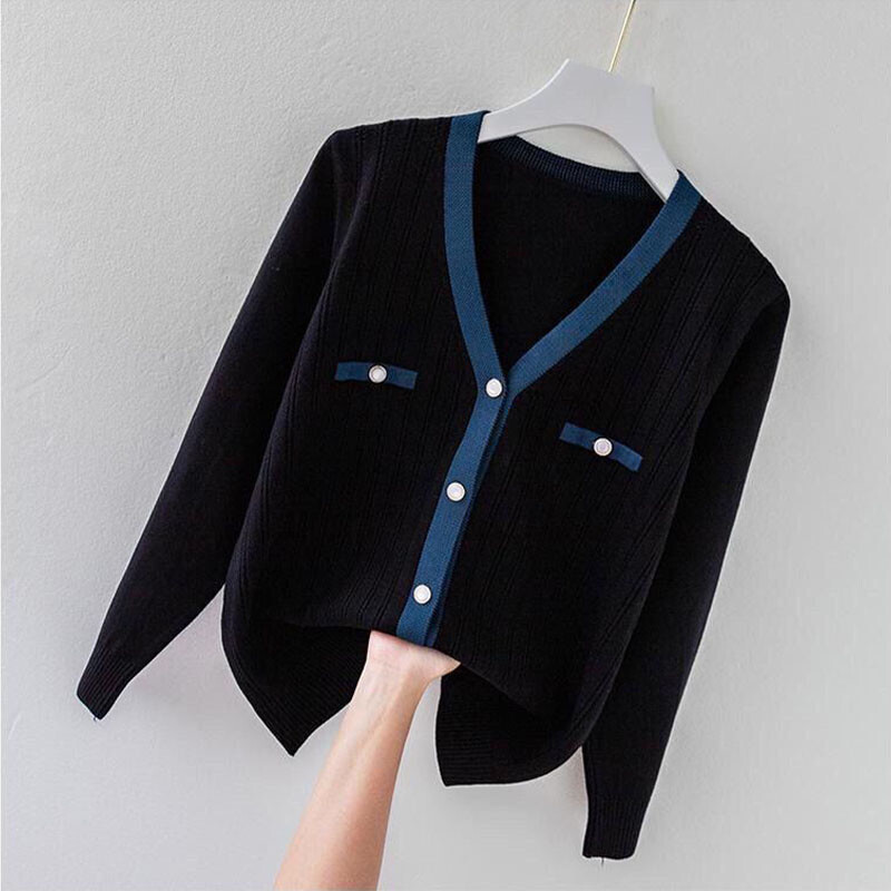 Moteriški drabužiai, madingi, laisvalaikio megztiniai su V formos iškirpte, pavasario žiemos prašmatnūs kontrastingi megztiniai biure moteriška ilgomis rankovėmis, minkšta, patogi viršutinė dalis