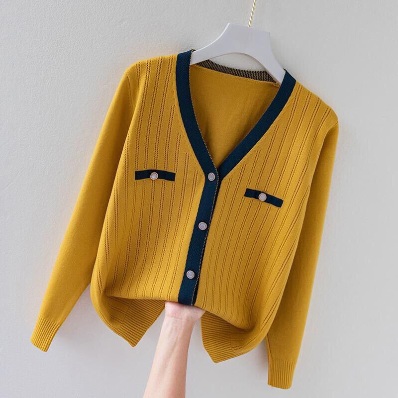 Moteriški drabužiai, madingi, laisvalaikio megztiniai su V formos iškirpte, pavasario žiemos prašmatnūs kontrastingi megztiniai biure moteriška ilgomis rankovėmis, minkšta, patogi viršutinė dalis