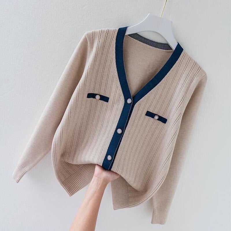 Moteriški drabužiai, madingi, laisvalaikio megztiniai su V formos iškirpte, pavasario žiemos prašmatnūs kontrastingi megztiniai biure moteriška ilgomis rankovėmis, minkšta, patogi viršutinė dalis