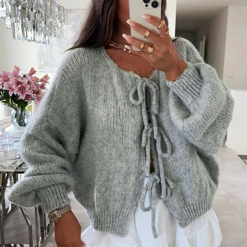 Elegáns női divatos kötött pulóver, Y2K jumper Vintage csokornyakkendő elöl kardigánok őszi V-nyakú, hosszú ujjú bő kötöttáru