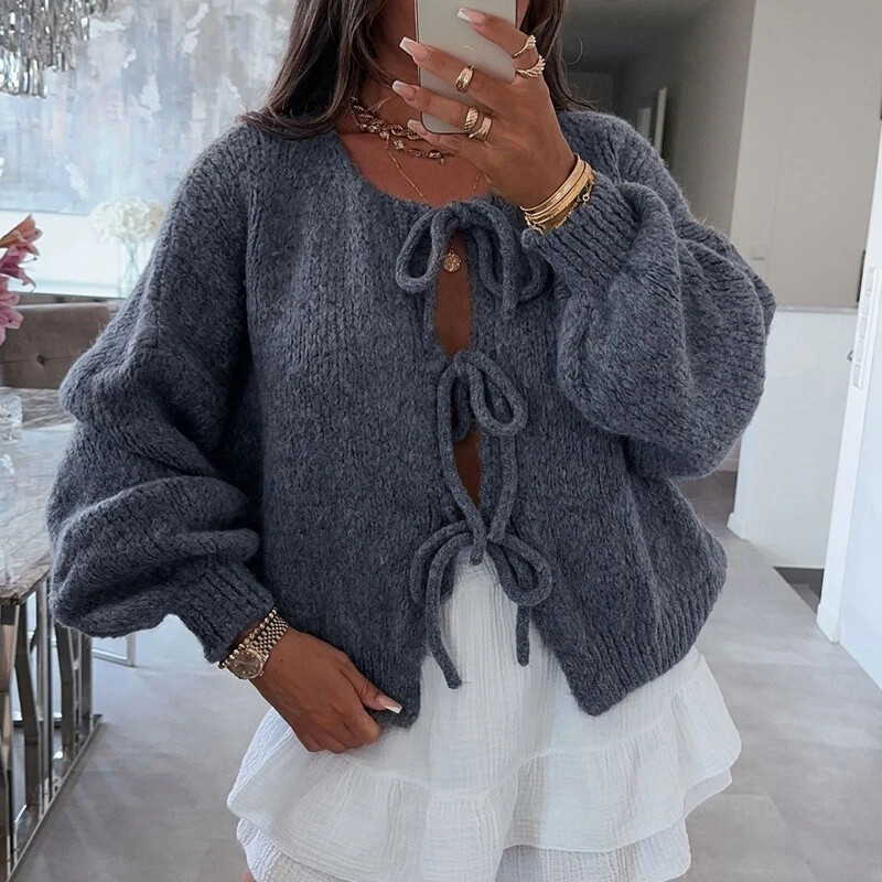 Elegáns női divatos kötött pulóver, Y2K jumper Vintage csokornyakkendő elöl kardigánok őszi V-nyakú, hosszú ujjú bő kötöttáru