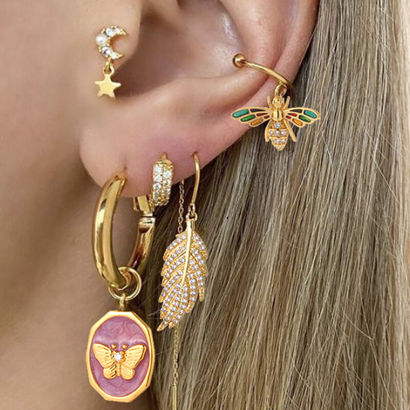 Aranyos állati kutya pillangó koreai karika fülbevaló női szív virág arany színű új méh cseresznye fülbevaló női kiváló minőségű