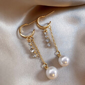 2024 Cercei cu pandantiv cu perle, cu lanț de metal, cu design de modă, pentru femei și fete, accesorii pentru temperament, bijuterii pentru petrecerea de nuntă