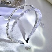 HNYYX siaurų perlų galvos juostelė moterims Blizganti dviguba plaukų juosta vakarėliui Kalnų krištolas galvos apdangalai Moteriški madingi plaukų lankeliai A06