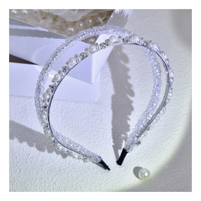 HNYYX siaurų perlų galvos juostelė moterims Blizganti dviguba plaukų juosta vakarėliui Kalnų krištolas galvos apdangalai Moteriški madingi plaukų lankeliai A06