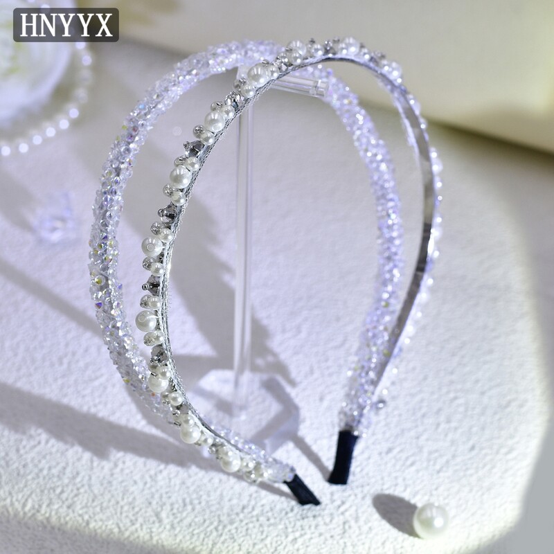 HNYYX siaurų perlų galvos juostelė moterims Blizganti dviguba plaukų juosta vakarėliui Kalnų krištolas galvos apdangalai Moteriški madingi plaukų lankeliai A06