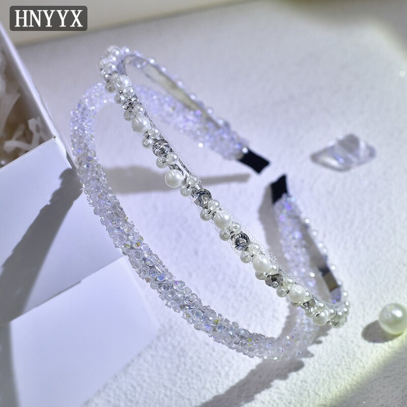 HNYYX siaurų perlų galvos juostelė moterims Blizganti dviguba plaukų juosta vakarėliui Kalnų krištolas galvos apdangalai Moteriški madingi plaukų lankeliai A06