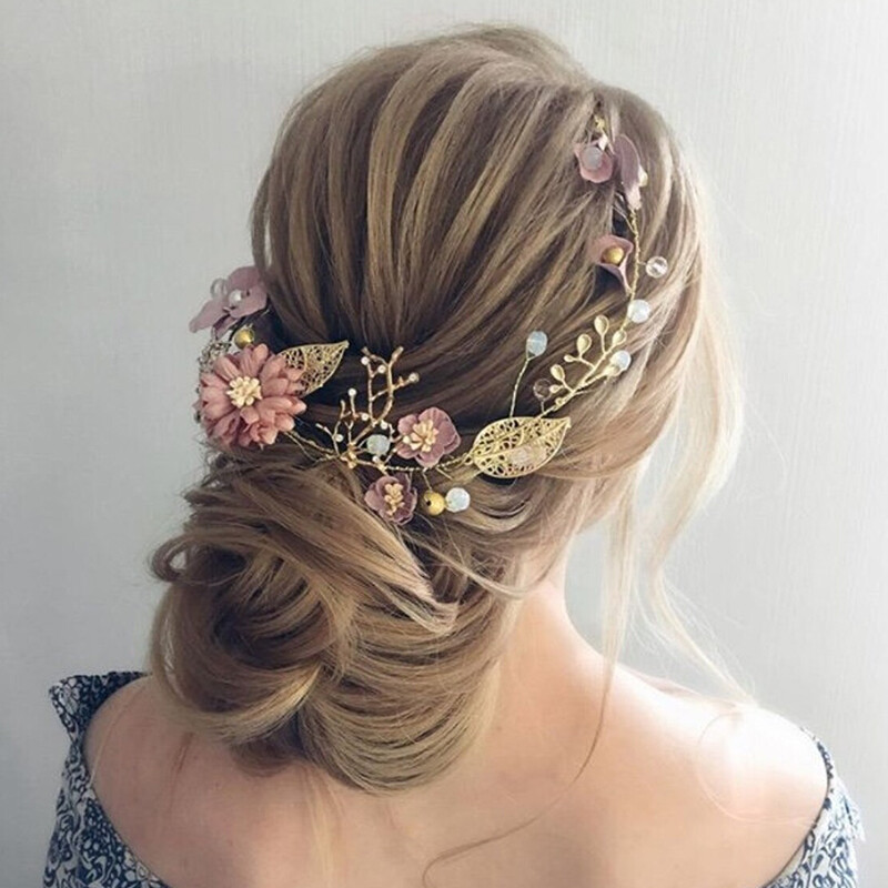 Bijuterii pentru păr lung Bentiță cu flori roz Ornamente pentru păr de nuntă Bandă pentru cap de mireasă Decorat pentru păr de nuntă făcută manual