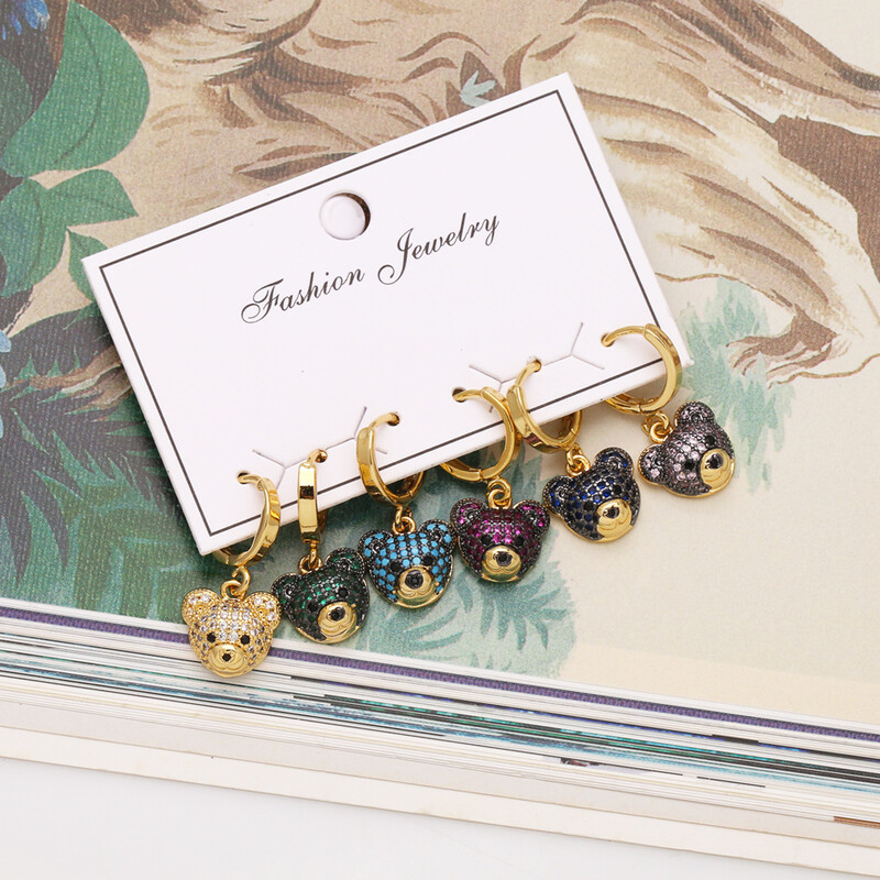 FLOLA 6vnt./vnt. Vario cirkonio lankeliai su meškučiu auskarai moterims CZ Green Crystal Bear kabantys auskarai paauksuoti mieli papuošalai ersv13