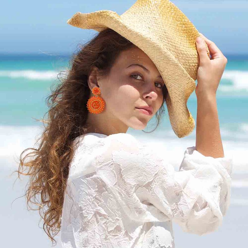 Cercei țesuți cu mărgele de semințe de portocaliu Badu Boho pentru femei Cercei cu mărgele rotunde lucrați manual de vară Bijuterii etnice Cadouri Purtare zilnică