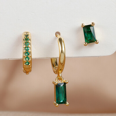 Set de cercei agățați cu zircon verde rafinat de 3 bucăți pentru femei, din oțel inoxidabil, cu flori, cercei, bijuterii pentru piercing pentru cartilaj