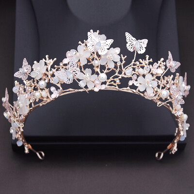 Prințesă Floare Coroană de nuntă Imitație de strasuri Perle Fluture Tiare Bandă de păr Mireasa Bal Bijuterii de păr Accesorii de mireasă