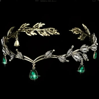 Vintage bronzas smaragdzaļa pasaku kronis Tiaras kristāla lapas Elf Tiara Bandana matu aksesuāri sievietēm Kostīmu matu rotaslietas
