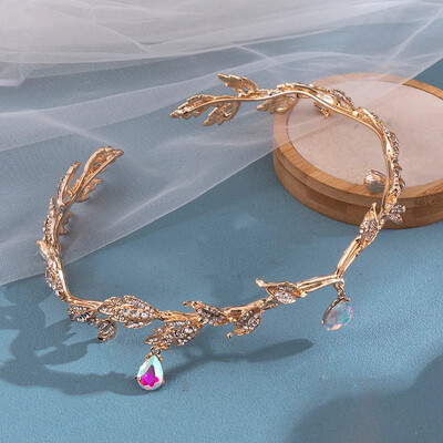 Vintage bronzas smaragdzaļa pasaku kronis Tiaras kristāla lapas Elf Tiara Bandana matu aksesuāri sievietēm Kostīmu matu rotaslietas