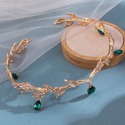 Vintage bronzas smaragdzaļa pasaku kronis Tiaras kristāla lapas Elf Tiara Bandana matu aksesuāri sievietēm Kostīmu matu rotaslietas