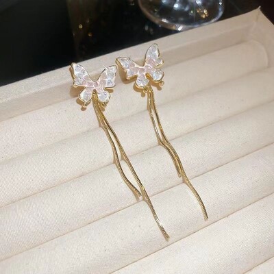 Dlhé visiace náušnice do ucha pre ženy, ružovo-zlaté, so zirkónovým kryštálom, piercing do uší s niťou, doplnky do uší, šperky.