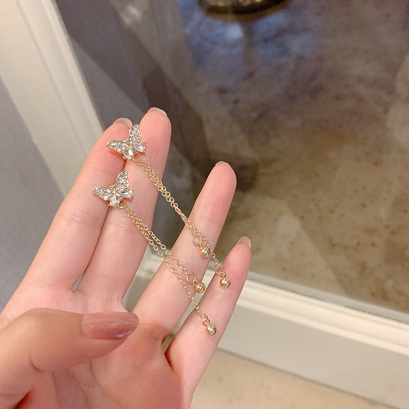 Dlhé visiace náušnice do ucha pre ženy, ružovo-zlaté, so zirkónovým kryštálom, piercing do uší s niťou, doplnky do uší, šperky.