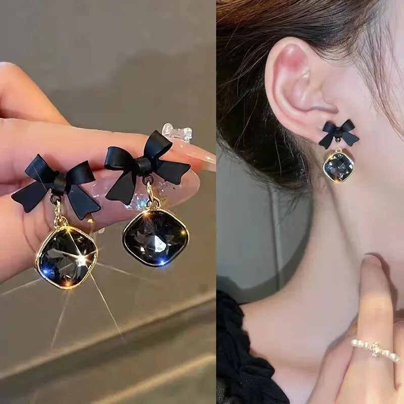 Kristályfekete masnis fülbevaló nőknek varázslatos fülbevaló csípős medál négyzet alakú fülbevaló buli évfordulós ékszer kiegészítők ajándék