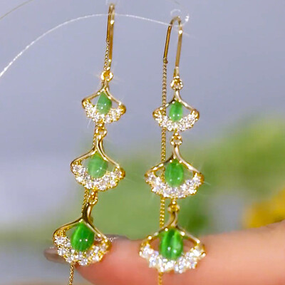 Cercei de lux cu zirconiu cu tărtăcuță roșie pentru femei, la modă, opal, frunze de ginkgo, cercei lungi cu ciucuri, linie de urechi, bijuterii de nuntă de petrecere pentru fete