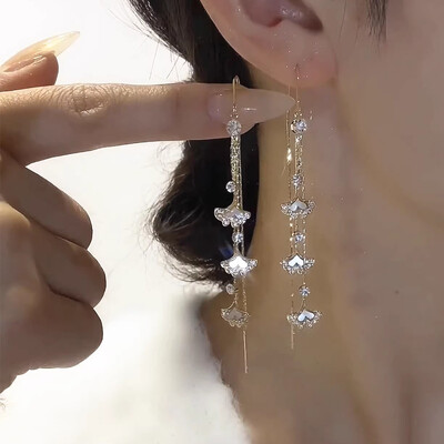 Cercei de lux cu zirconiu cu tărtăcuță roșie pentru femei, la modă, opal, frunze de ginkgo, cercei lungi cu ciucuri, linie de urechi, bijuterii de nuntă de petrecere pentru fete