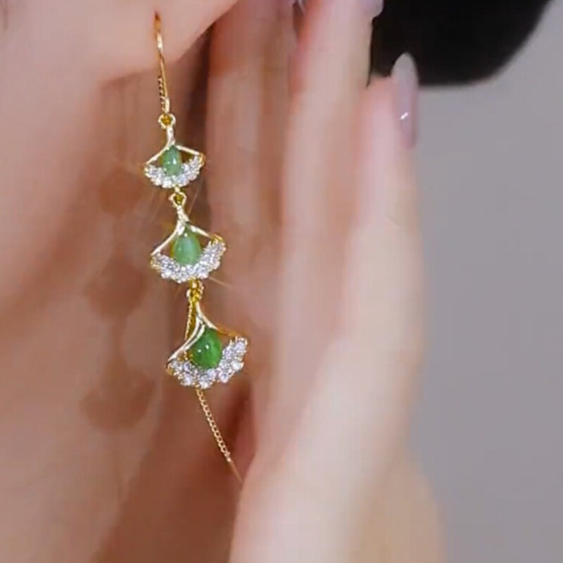 Cercei de lux cu zirconiu cu tărtăcuță roșie pentru femei, la modă, opal, frunze de ginkgo, cercei lungi cu ciucuri, linie de urechi, bijuterii de nuntă de petrecere pentru fete