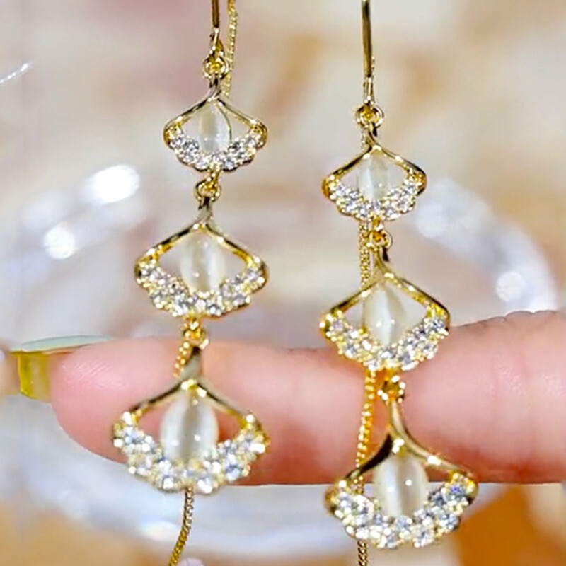 Cercei de lux cu zirconiu cu tărtăcuță roșie pentru femei, la modă, opal, frunze de ginkgo, cercei lungi cu ciucuri, linie de urechi, bijuterii de nuntă de petrecere pentru fete