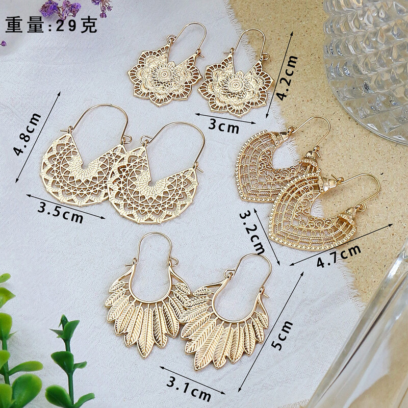 Vintage Boho zelta krāsas dobu ziedu sirds piekaramie auskari sievietēm Etniski grebti ģeometriski nokaramie auskari Jhumka rotaslietas