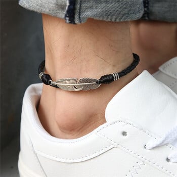 Boho Handmade Man Feather Leather Rope Anklets Barefoot Sandal Beach Jewelry