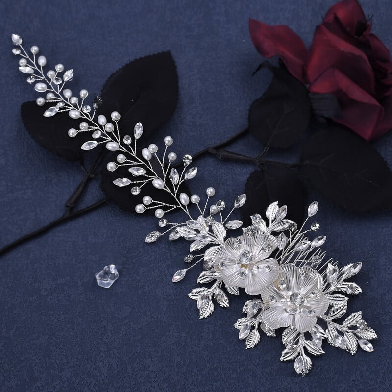 Pruudisulamist lilledega peapael kammiga Elegantne pärlitega pruudi peakate Tüdrukute naiste peakate Pruudijuuksed ehted Tiara HP511